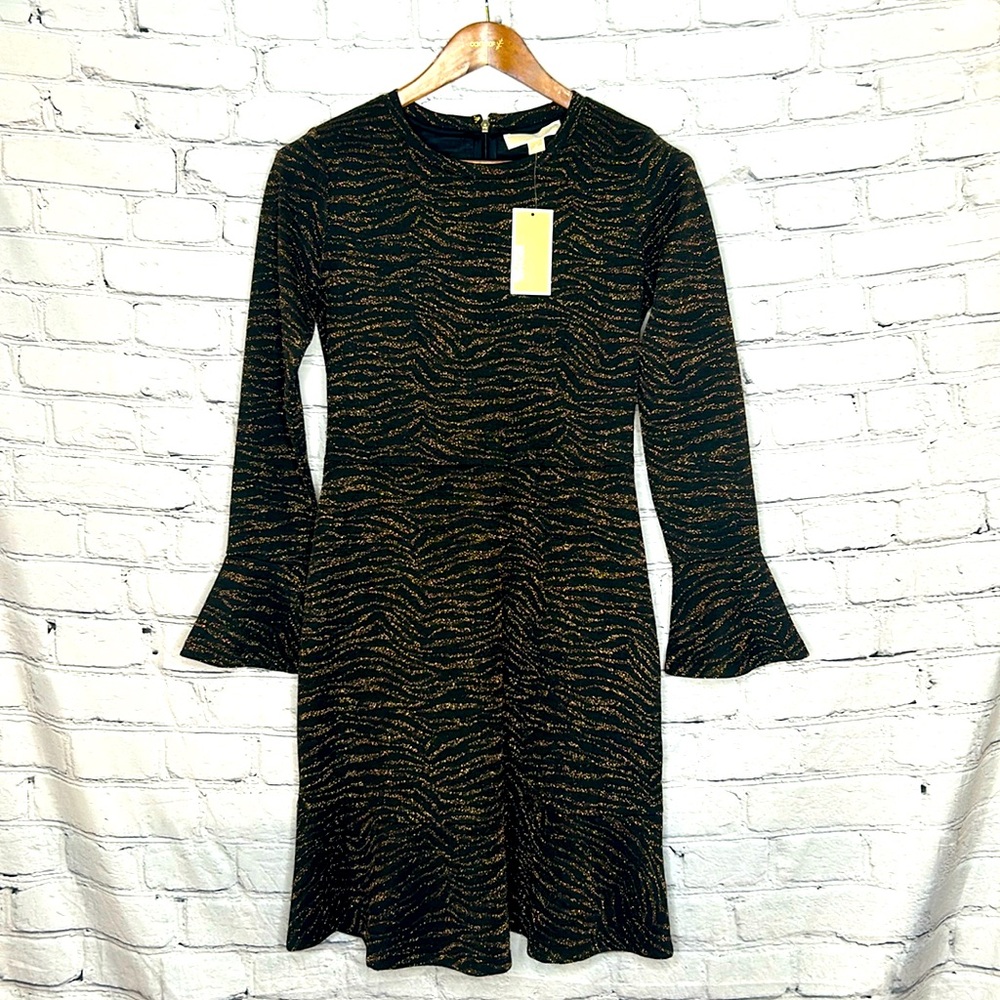 Michael Kors Long Sleeve Black & Caramel Metallic Thread Dress Size Small NWT